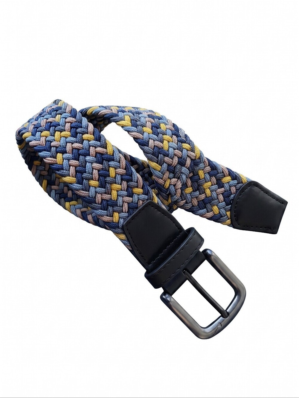 Braided Elastic Casual Belt With Swoosh- Navy, Slate Blue, Mustard Colors